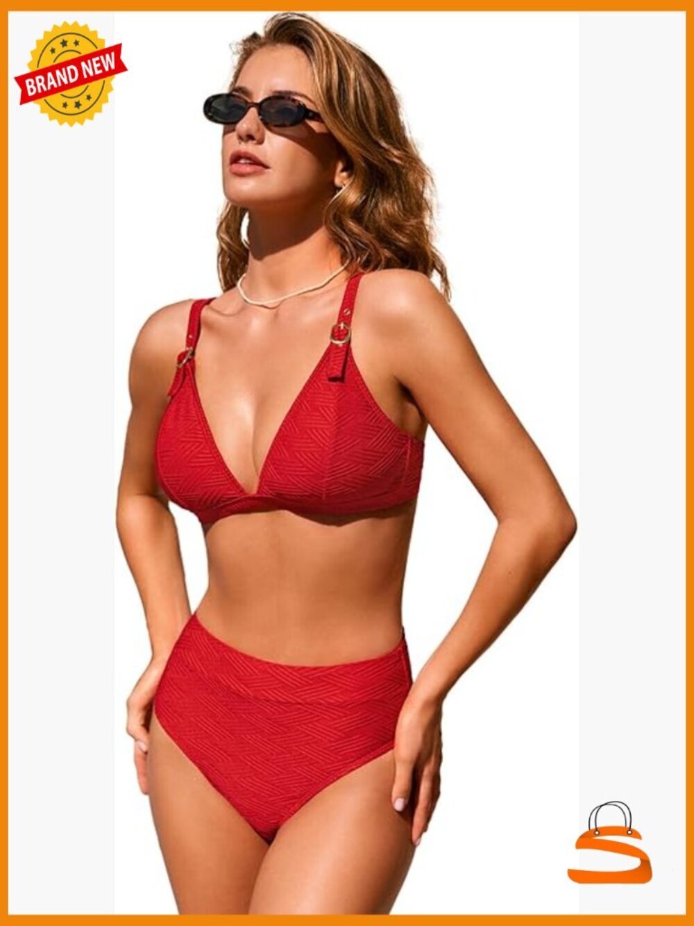 Textured V-Neck Bikini Set High Waisted with Removable Cups